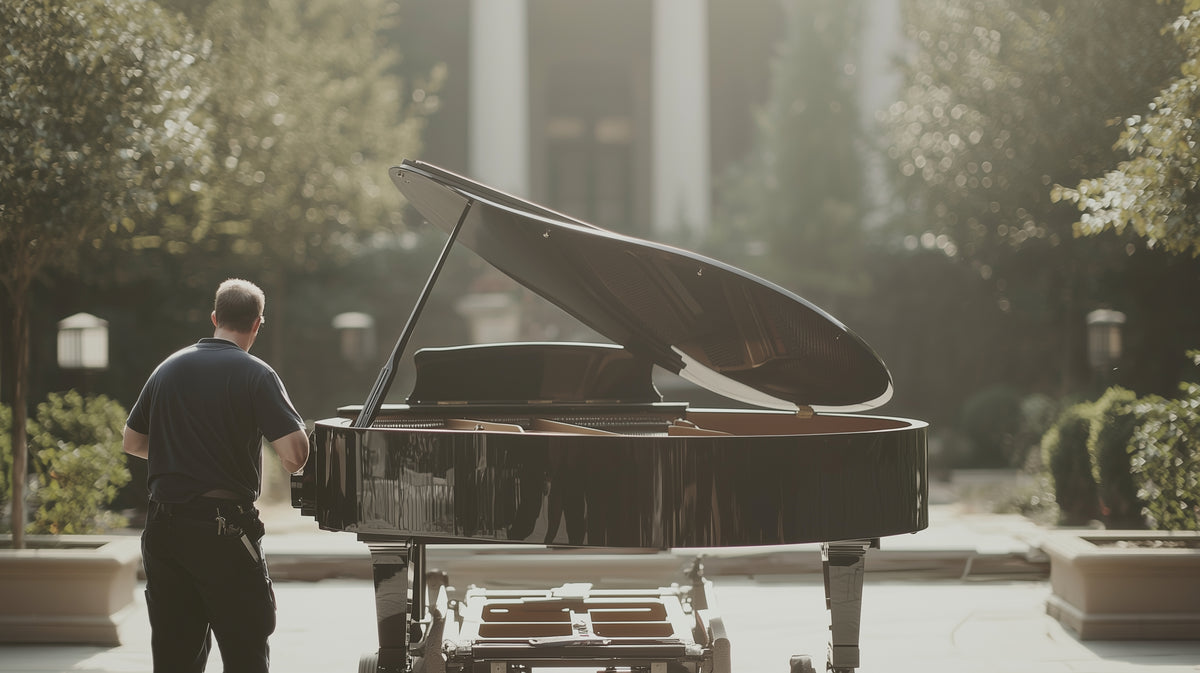 A grand piano resting on moving equipment beside a mover